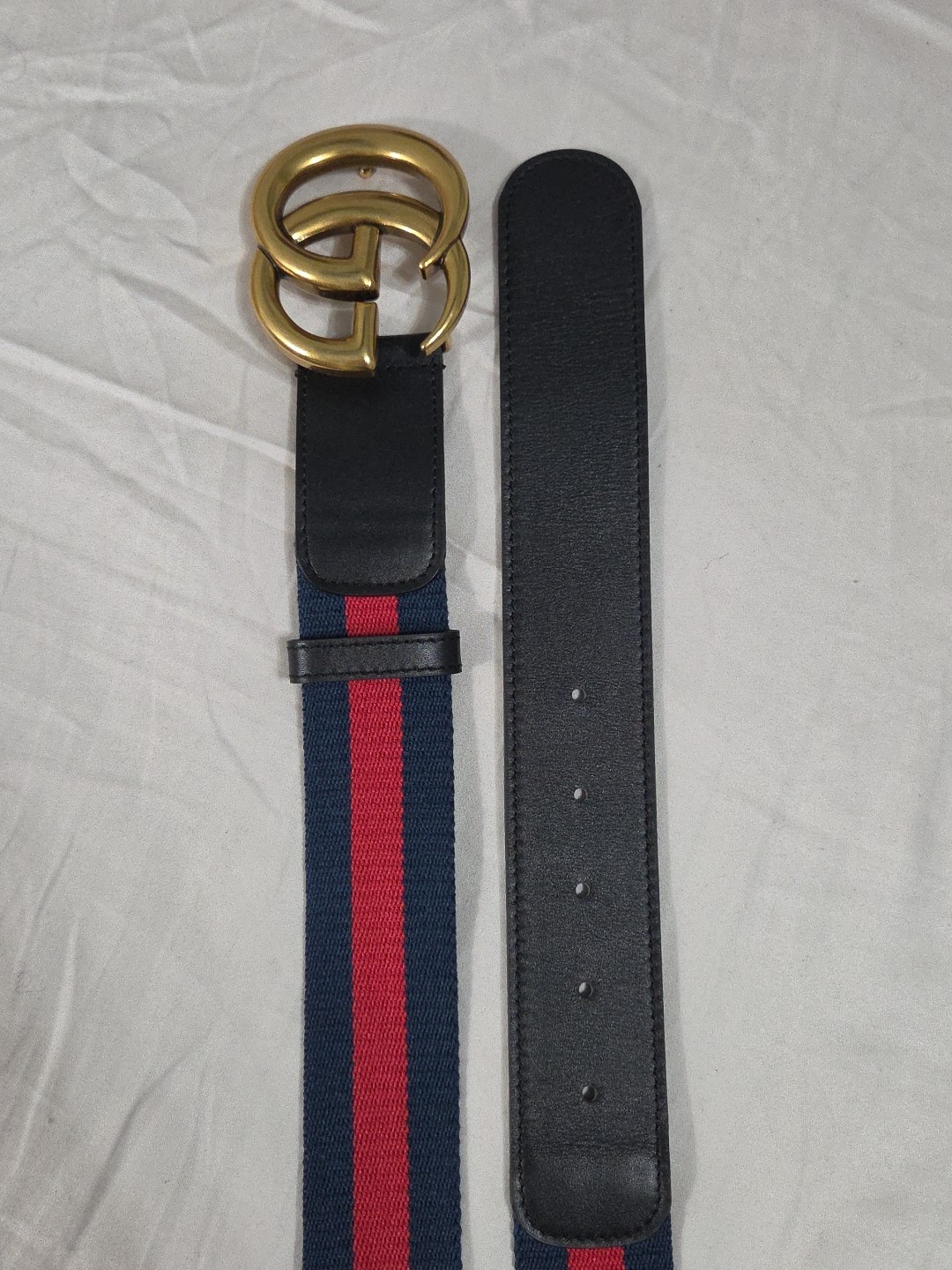 Gucci GG Brass Buckle Striped Navy Red Dress Belt Men’s 36-38 IT 105CM