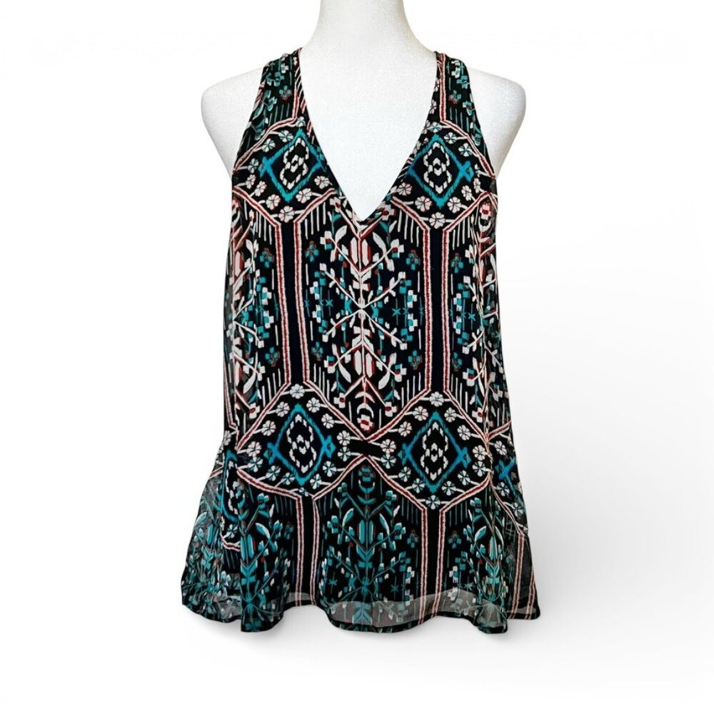 Boho Chic Silk Racerback Halter Blouse M Top Geometric Ikat Print Southwestern