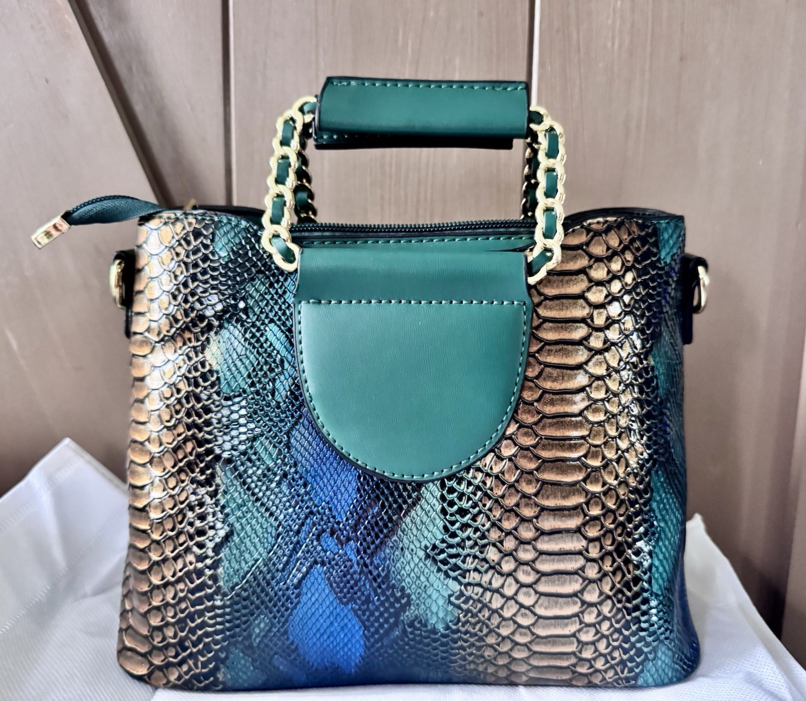 Green Blue Snakeskin-Style Satchel Top Handle Bag Zip Logo Accent Gold Chain