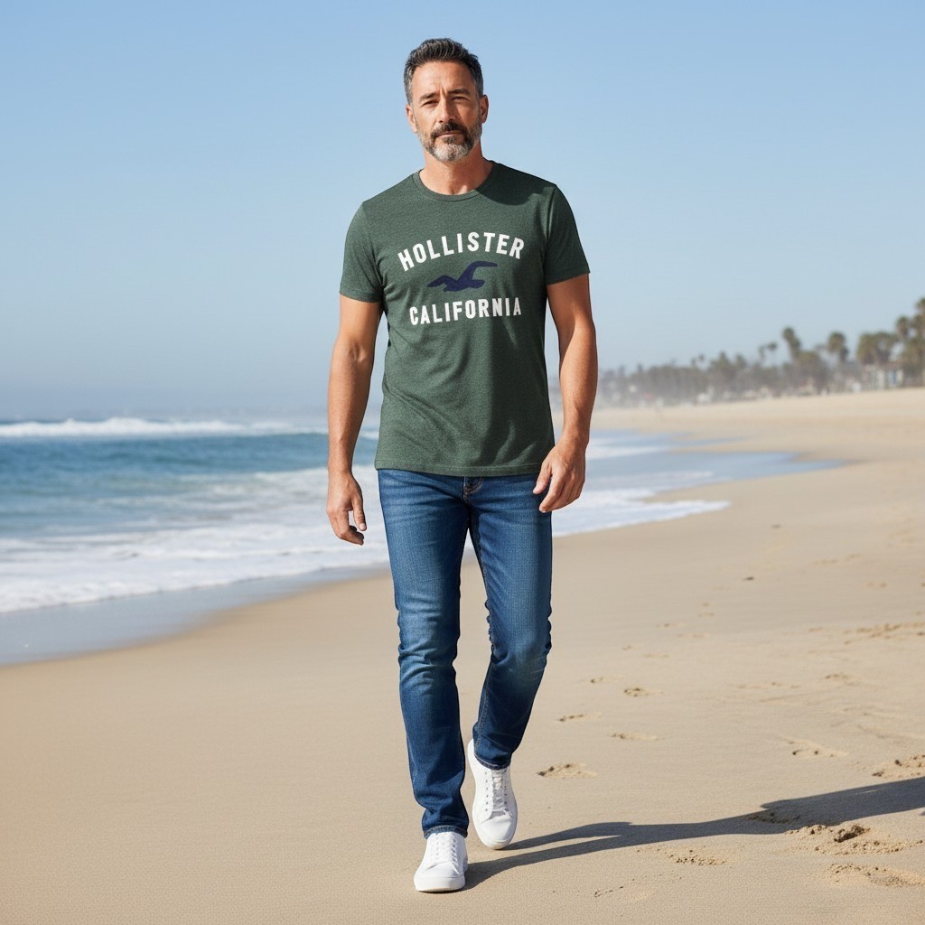 Hollister California Mens M Heather Green Graphic T-Shirt Embroidered Logo