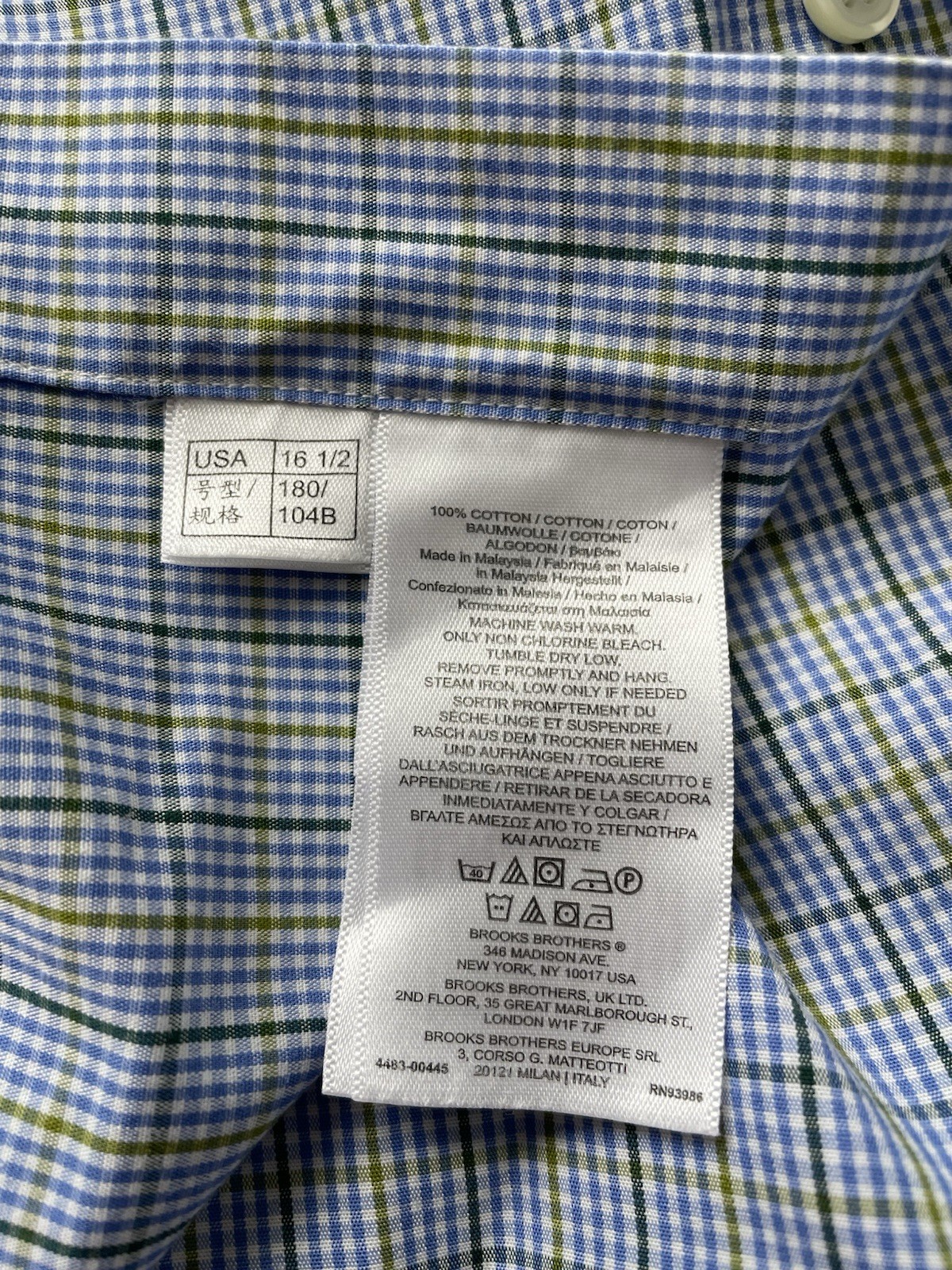 Brooks Brothers Regent Non-Iron Dress Shirt 16.5 35 Blue Green Check Cotton
