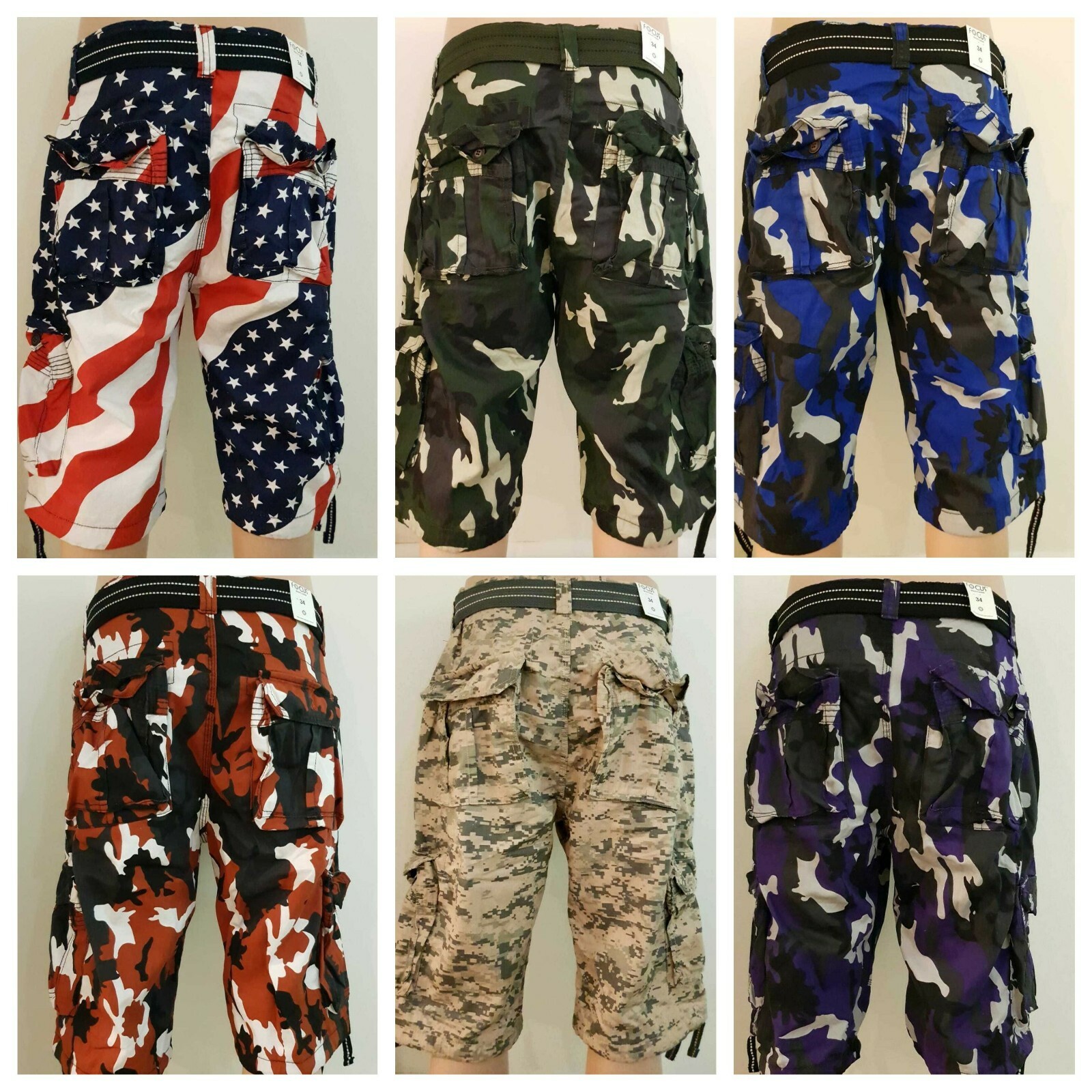New Men’s Focus Army Camo Cargo Shorts 30 to 44 *With Belt*