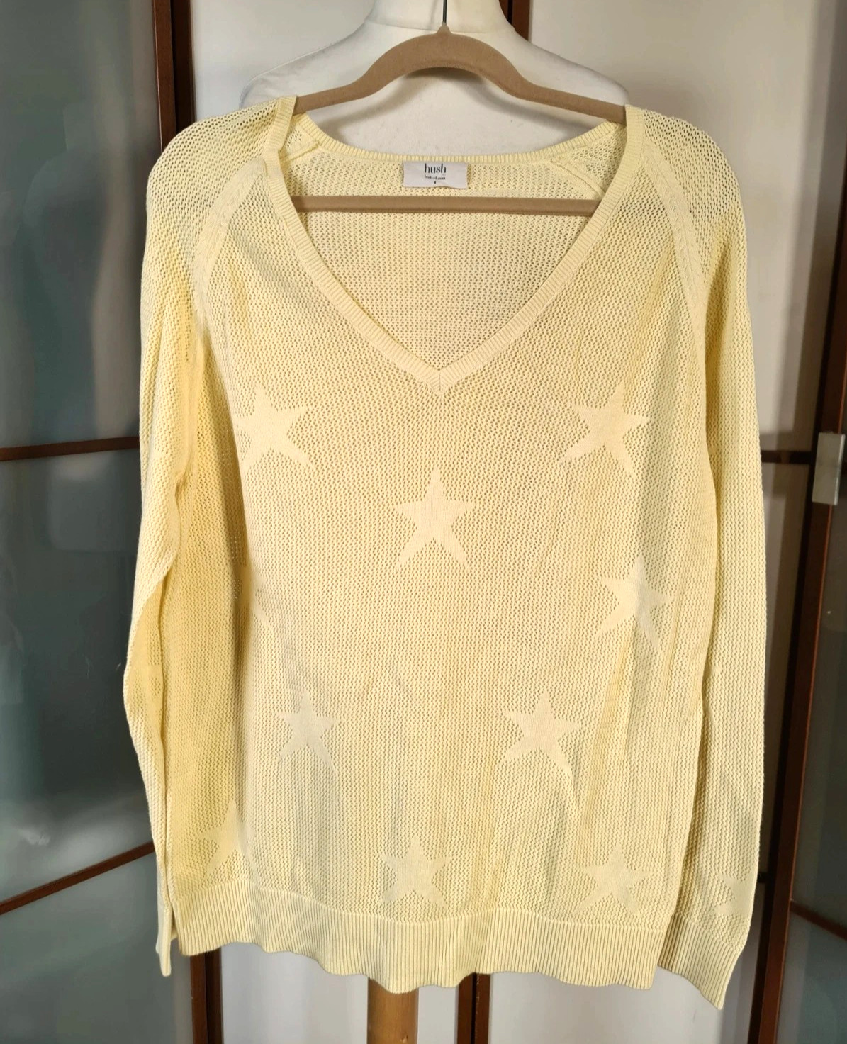 Hush Lemon Yellow Cotton Star Jumper Mesh M Luxury Bright Fun Layers Knitwear