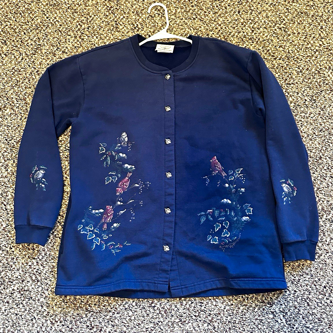 Northern Treasures Women’s L Blue Button Front Bird Floral Cotton Knit Cardigan