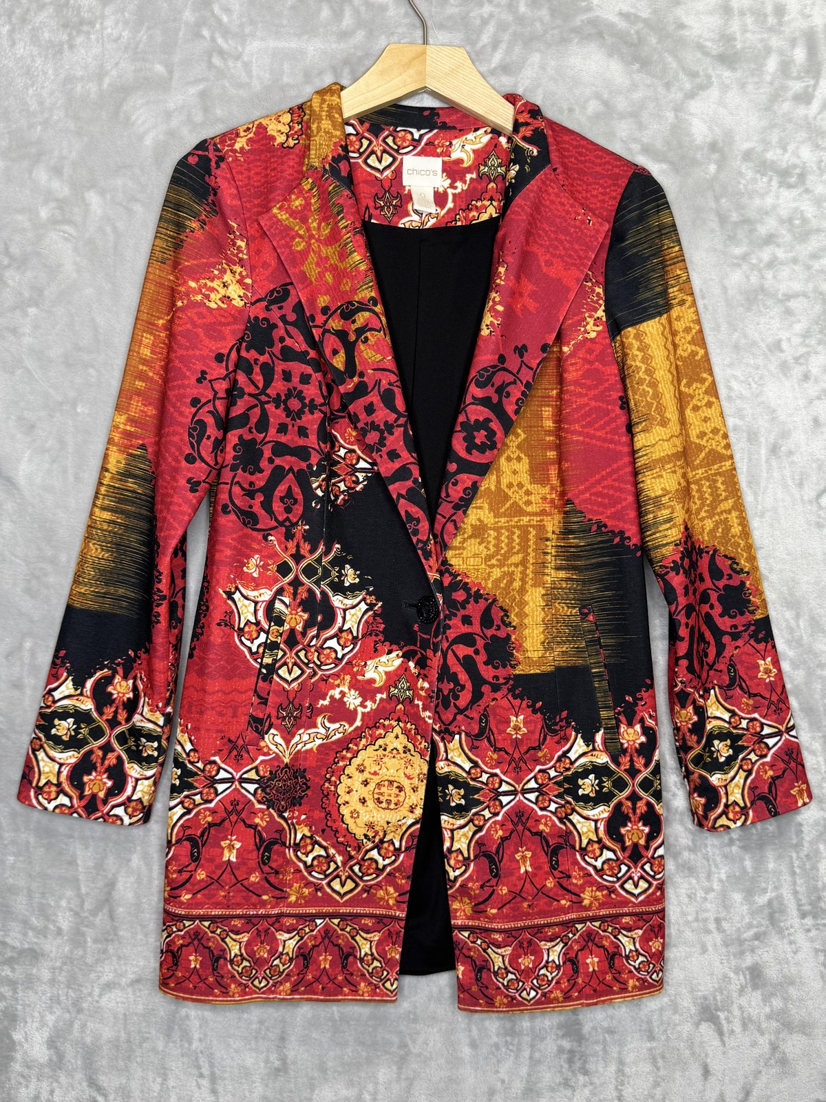 Chico’s Blazer Womens 4 Small Red Geometric Print Knit Mid Length Lined Boho
