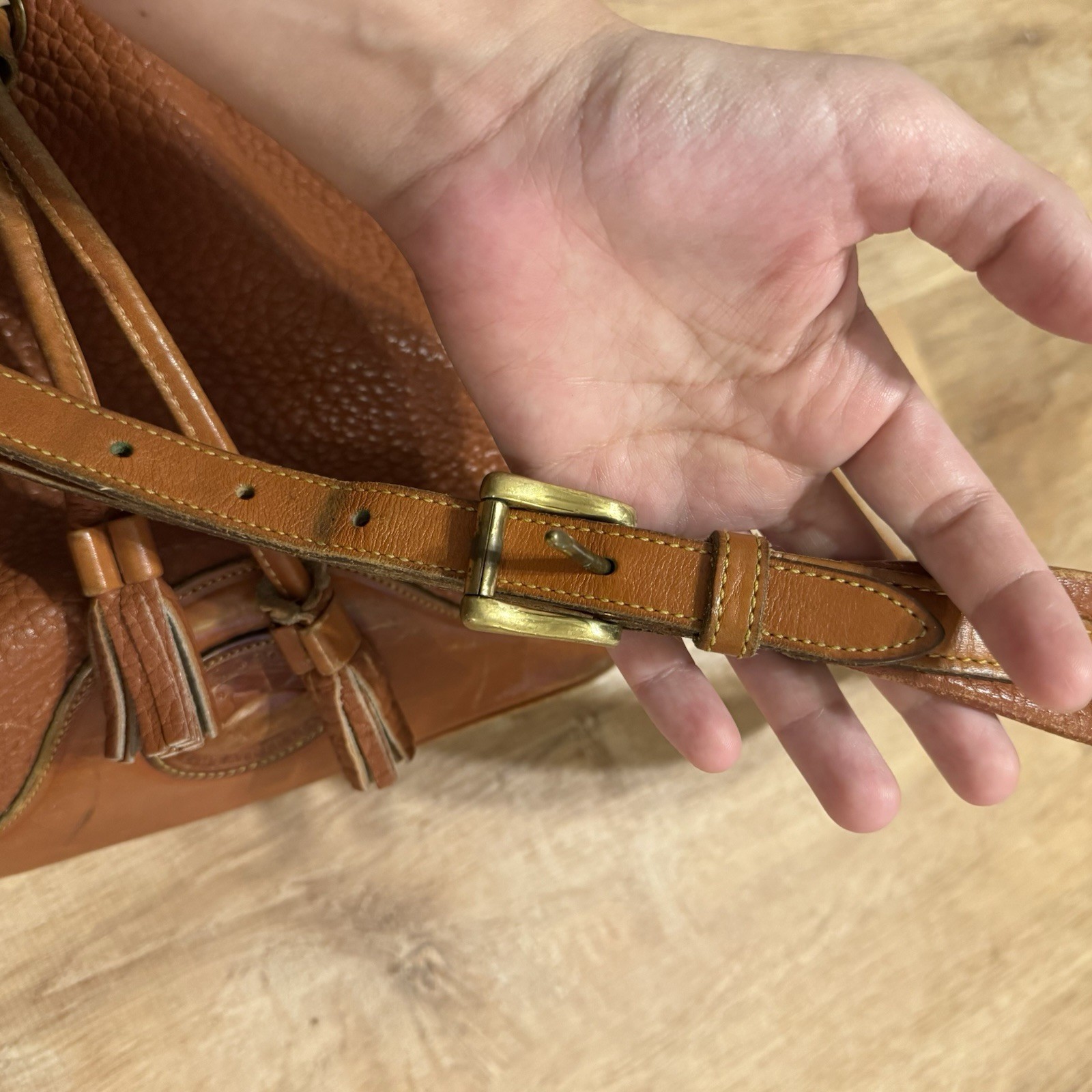 Vintage Dooney & Bourke AWL Leather Drawstring Bucket Bag Tan Crossbody