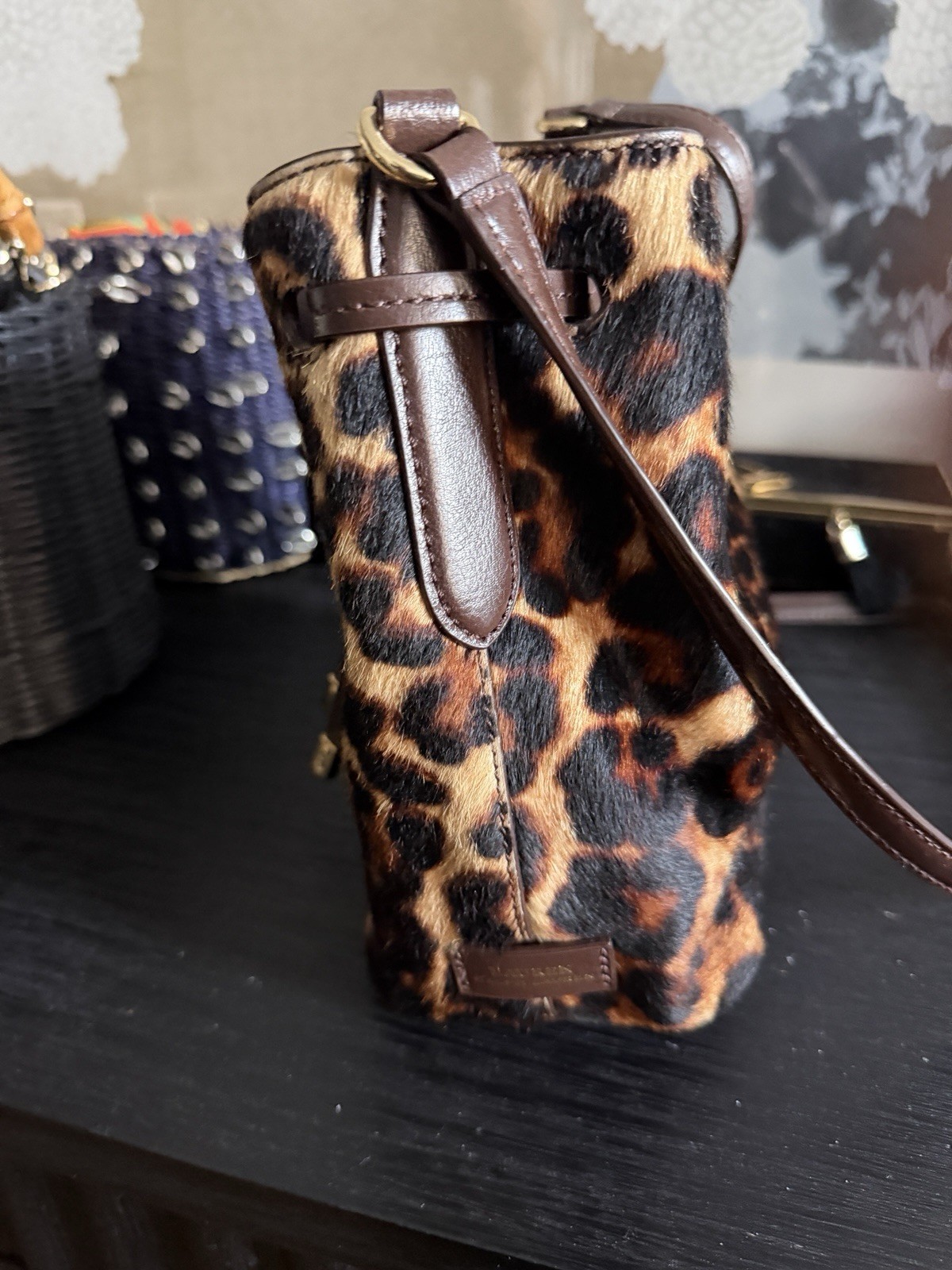 Ralph Lauren Leopard Debby Drawstring Bag Brown Black Gold Hardware