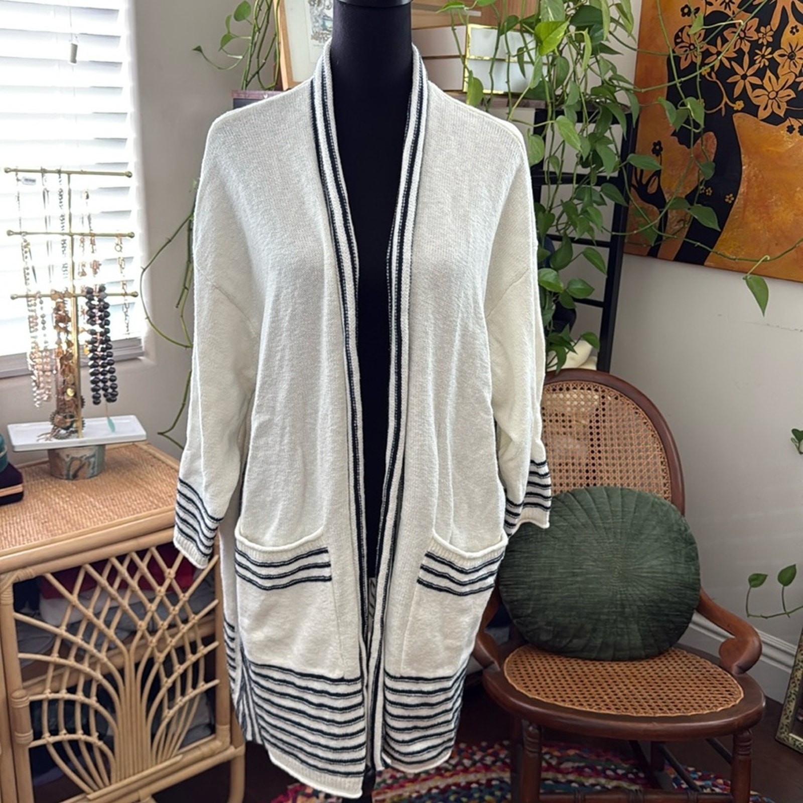 NWT Splendid Ivory Striped Cotton Open Front Preppy Nantucket Yacht Cardigan
