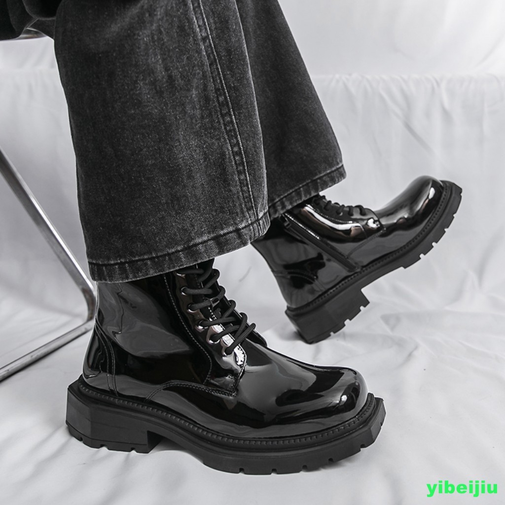 Mens Shiny Leather Dress Ankle Short Boots Platform Wide Shoes Motorcycle Gothic