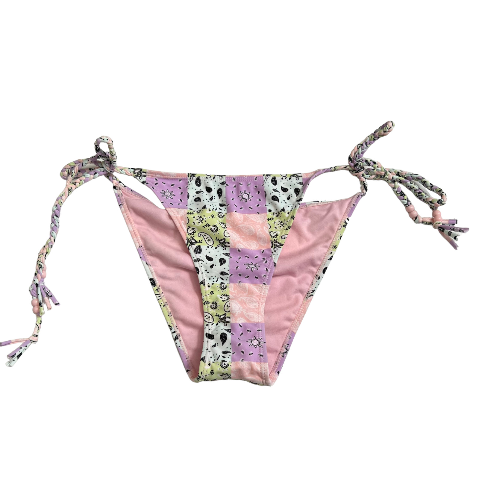 String bikini bottom Large pastel patchwork bandana pink purple swimsuit swim L