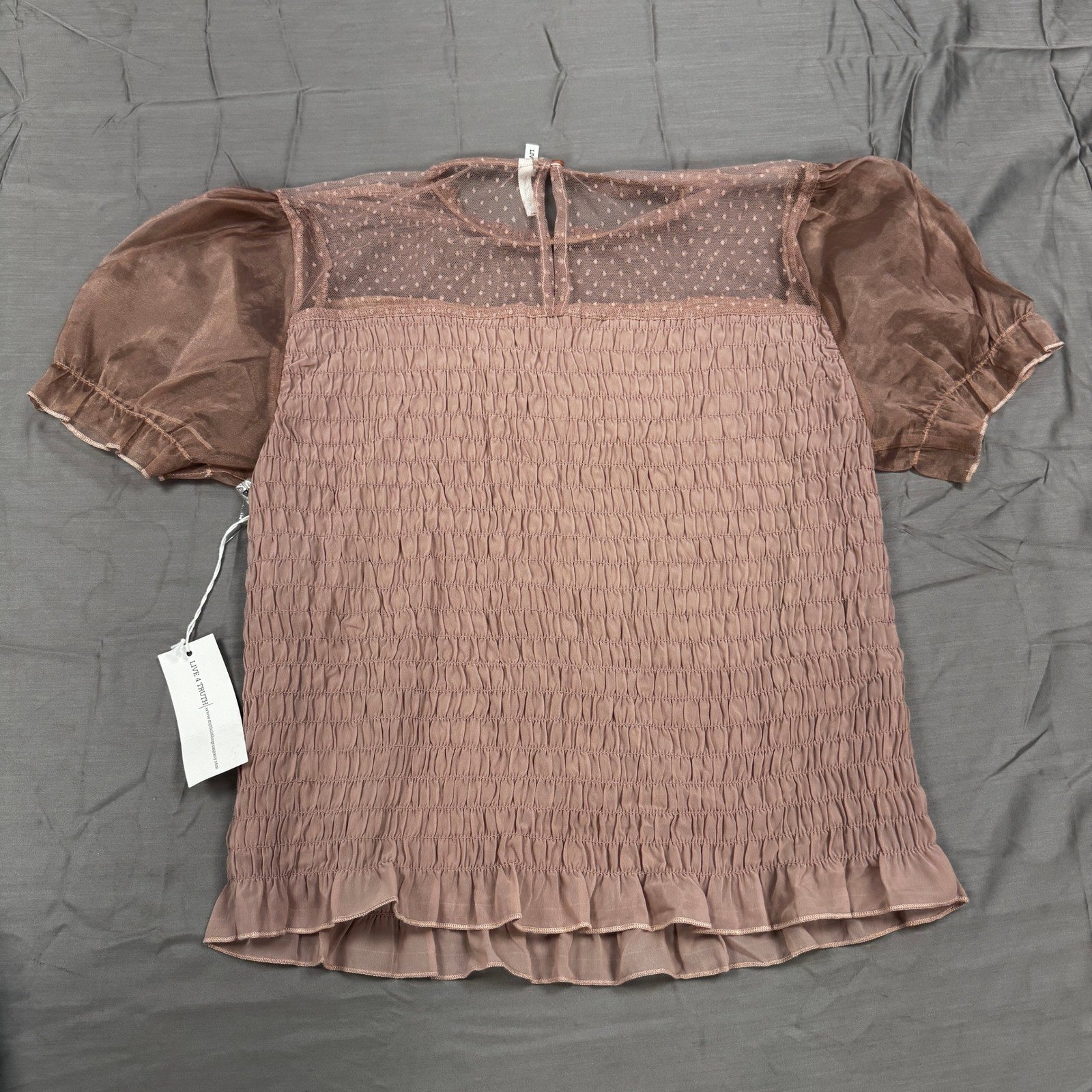 Live 4 Truth Womens 2X Smocked Top Mauve Sheer Puff Sleeve Swiss Dot Mesh NWT