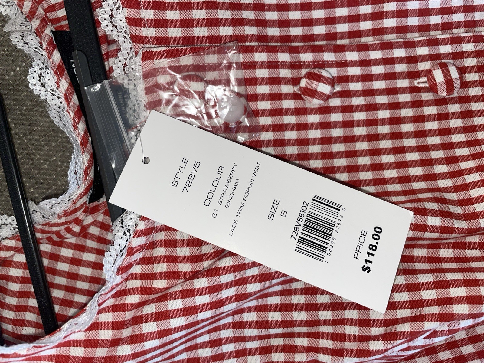 French Connection Red/White Gingham Cotton Lace Tie-Back Tank Top S