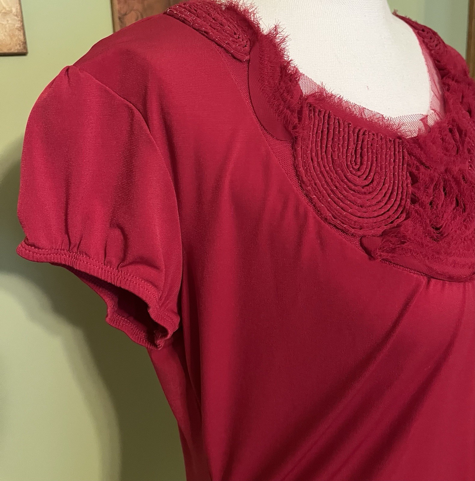 Worthington Cranberry Colored Short Sleeve Top With Embellished Neckline- Size M