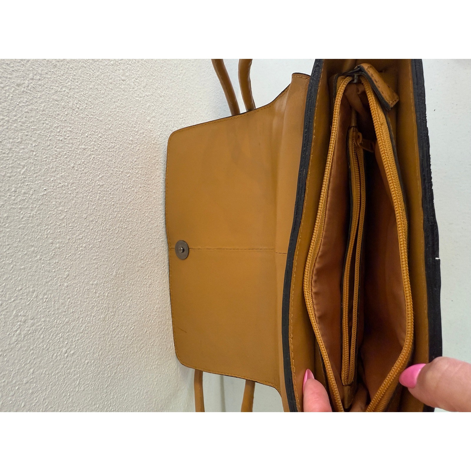 Ostrich Embossed Leather Shoulder Bag Cognac Tan Flap Handbag with Multi Pockets
