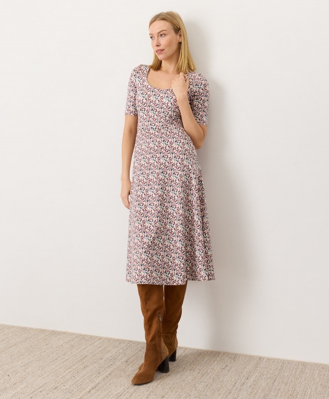 PACT Organic Fit & Flare Signature Scoop Dress Paradise Petals Cream