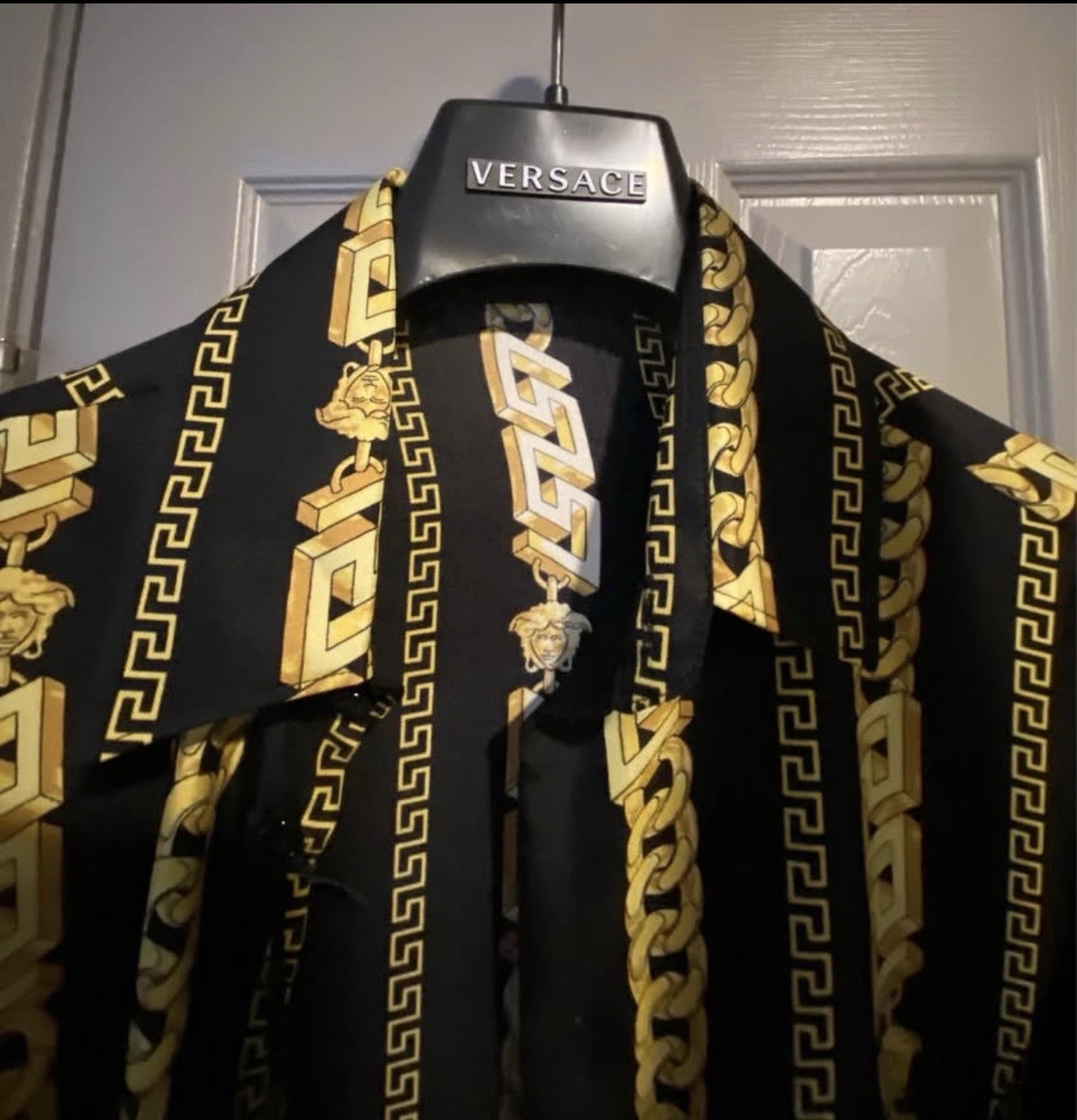 Versace Medusa Greek Key Chain Print Black/Gold Silk Satin Shirt 46