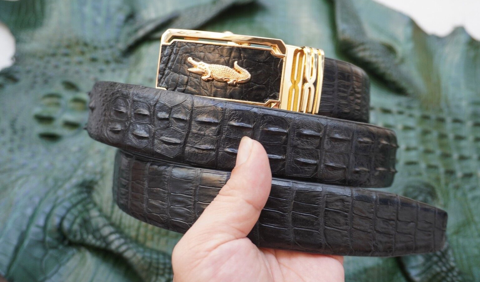 W1.3 inch Black Genuine Crocodile Hornback Leather Skin Men’s Belt Buckle #G52