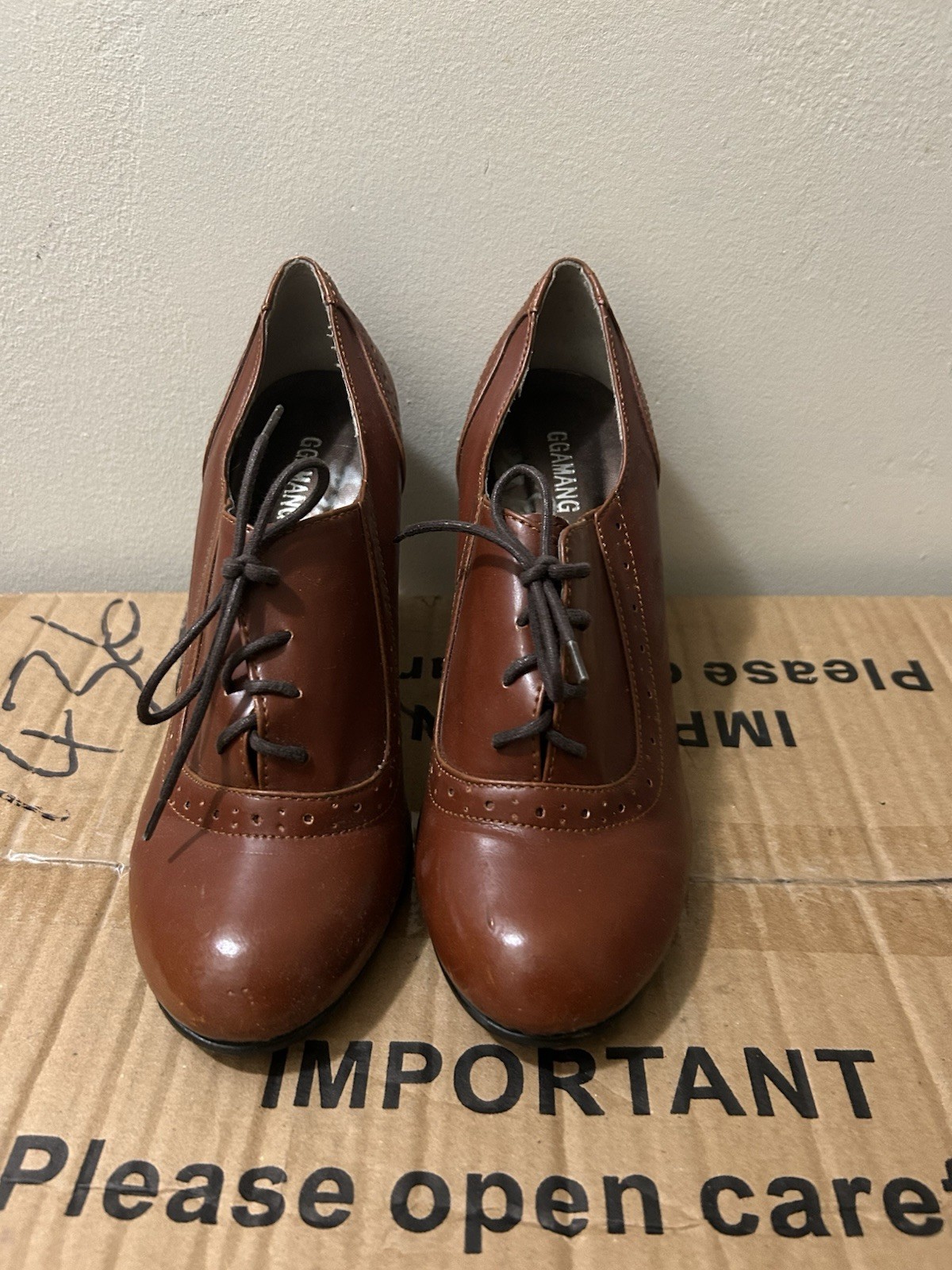 GGAMANG Korea Brown Faux Leather Oxford Heels Lace Up Brogue Shoes US 6.5