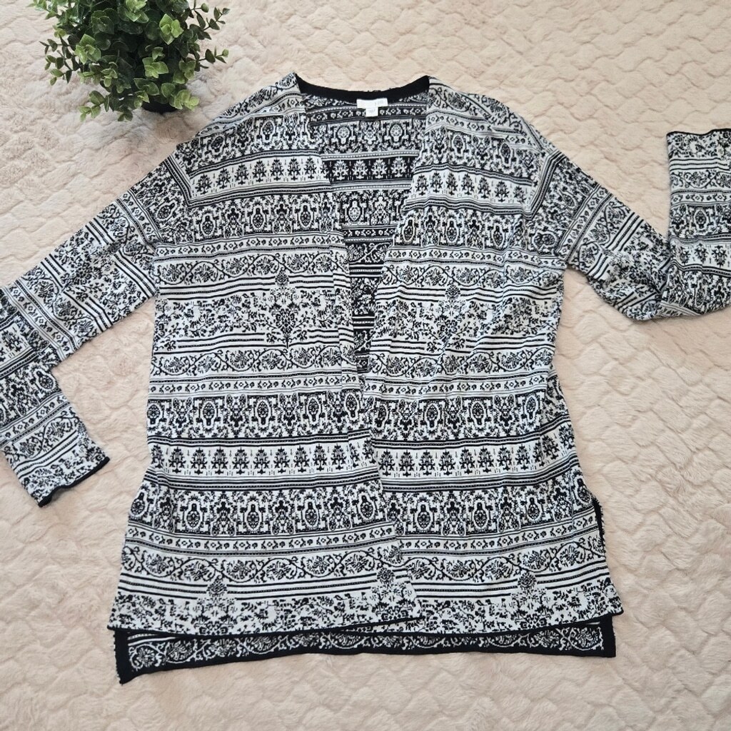 J. Jill Black and White Jacquard Open-Front Cardigan, Small