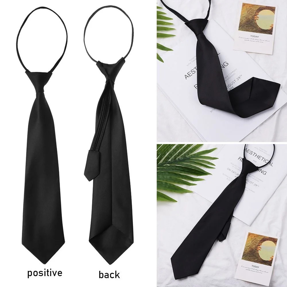 Men’s Black Pre-Tied Zipper Necktie Adjustable Polyester Office Formal Work Tie