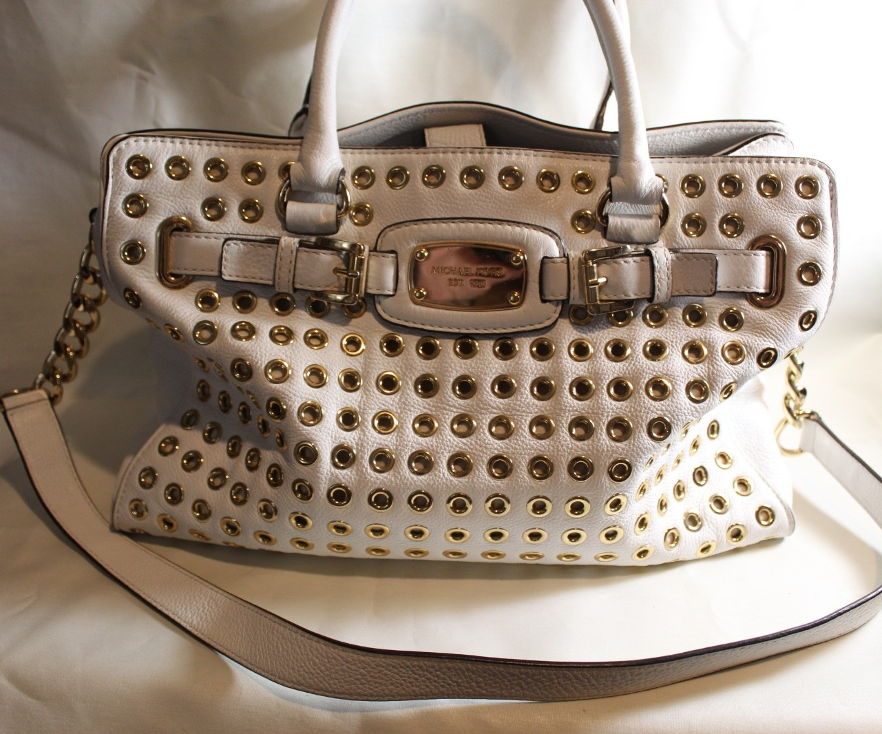 Michael Kors White Pebbled Leather Hobo Handbag Purse w/ Brass Detail Ex-Large