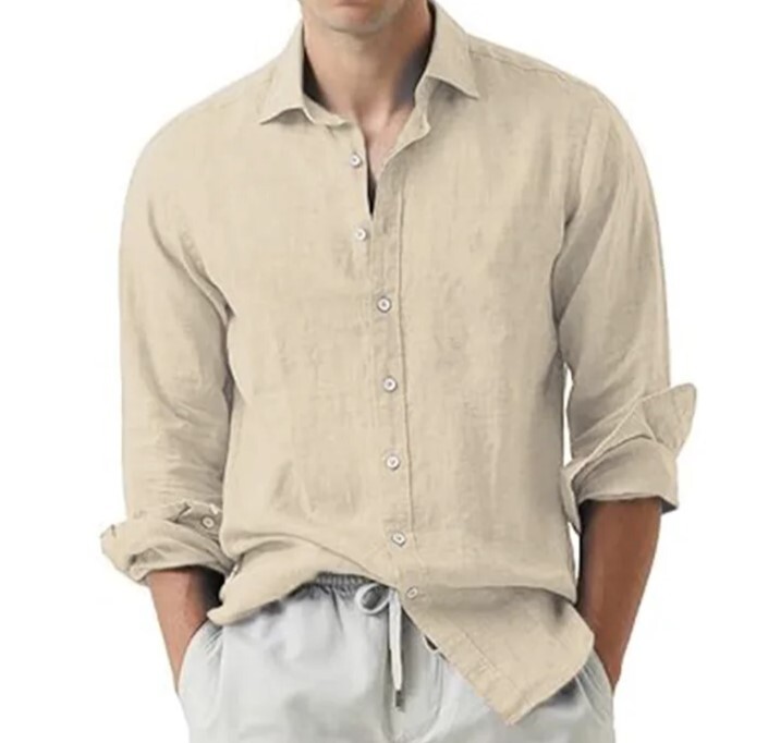 Shirt Men’s Long Sleeve Plain Cotton Linen Club Button Down Short Casual 25% OFF