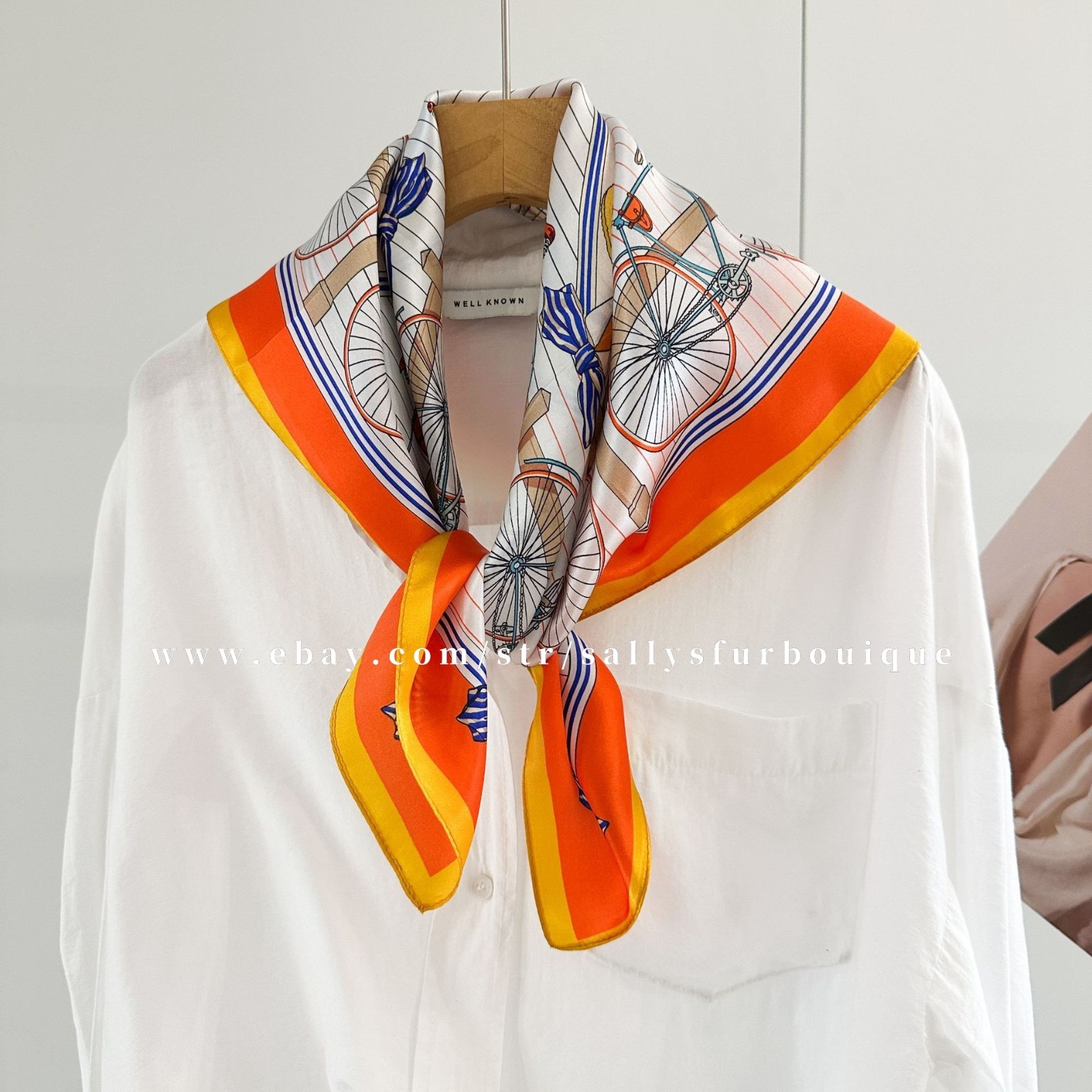 100% Satin Silk Bandanna Bicycle Print Necktie Collar Scarf 65cm Orange