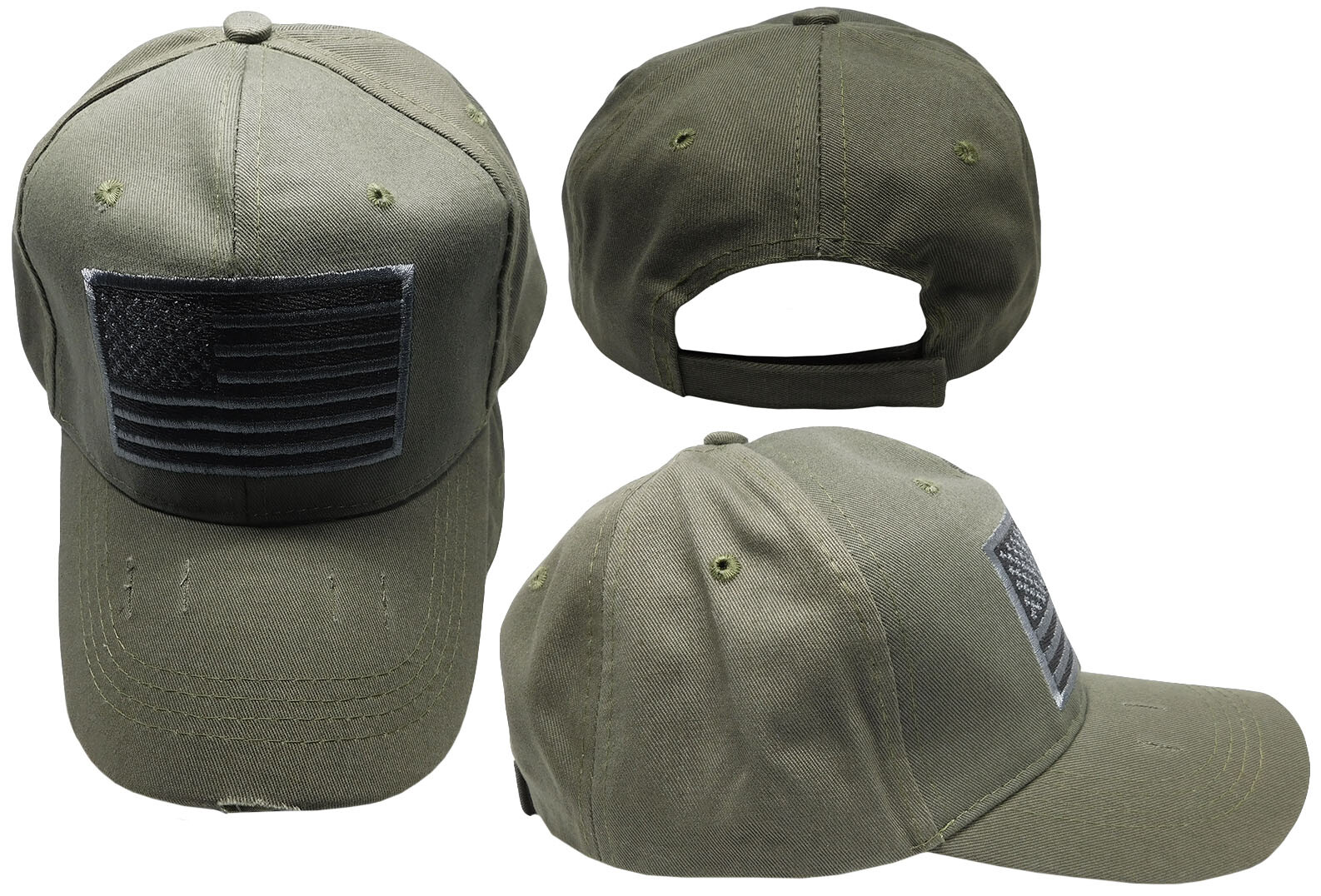 USA American Grey & Black Flag Patch Olive Green Distressed Embroidered Cap Hat