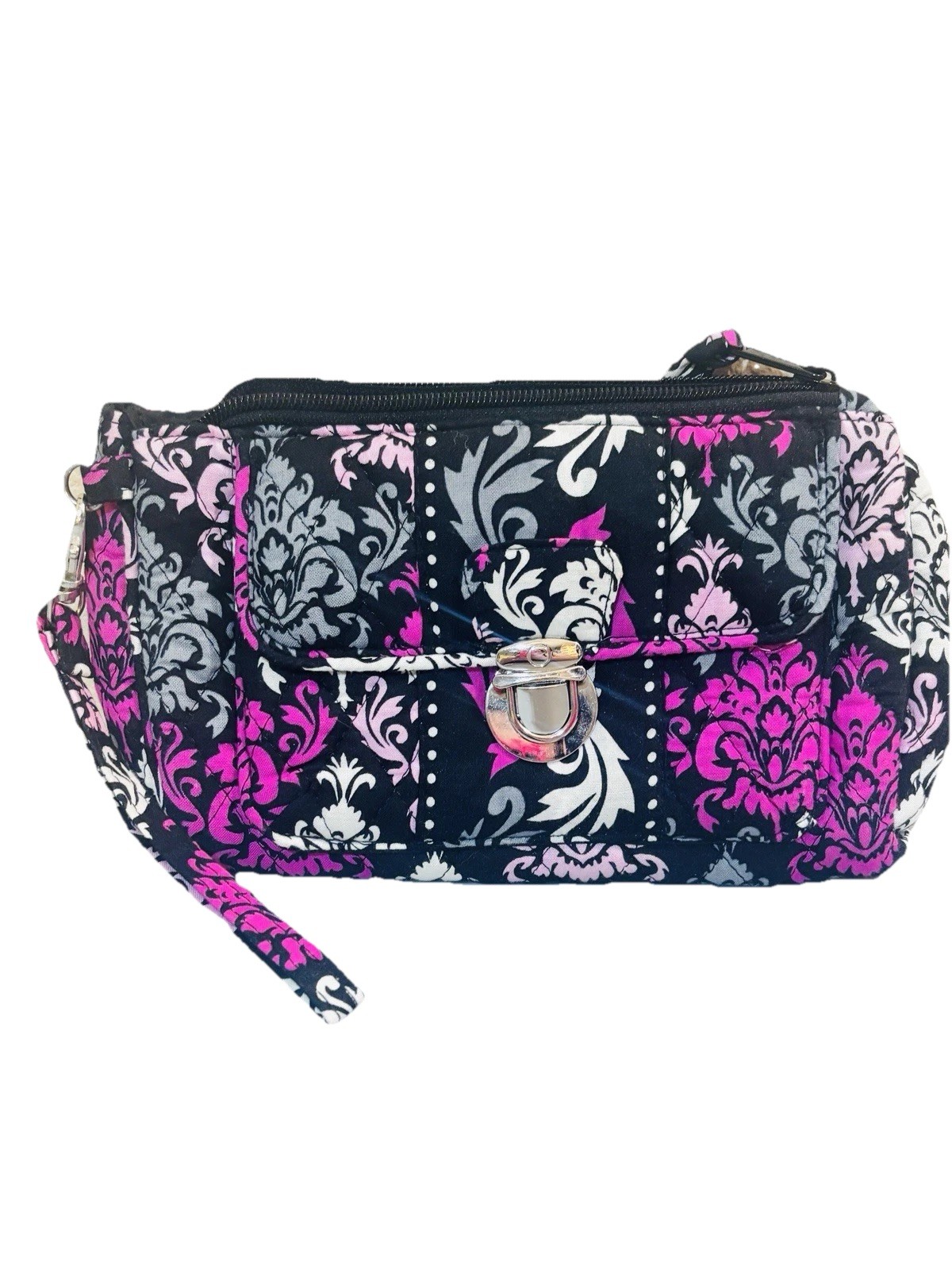 Pink Black White Paisley Quilted Push Lock Wallet, Wristlet Zip Storage Pretty￼