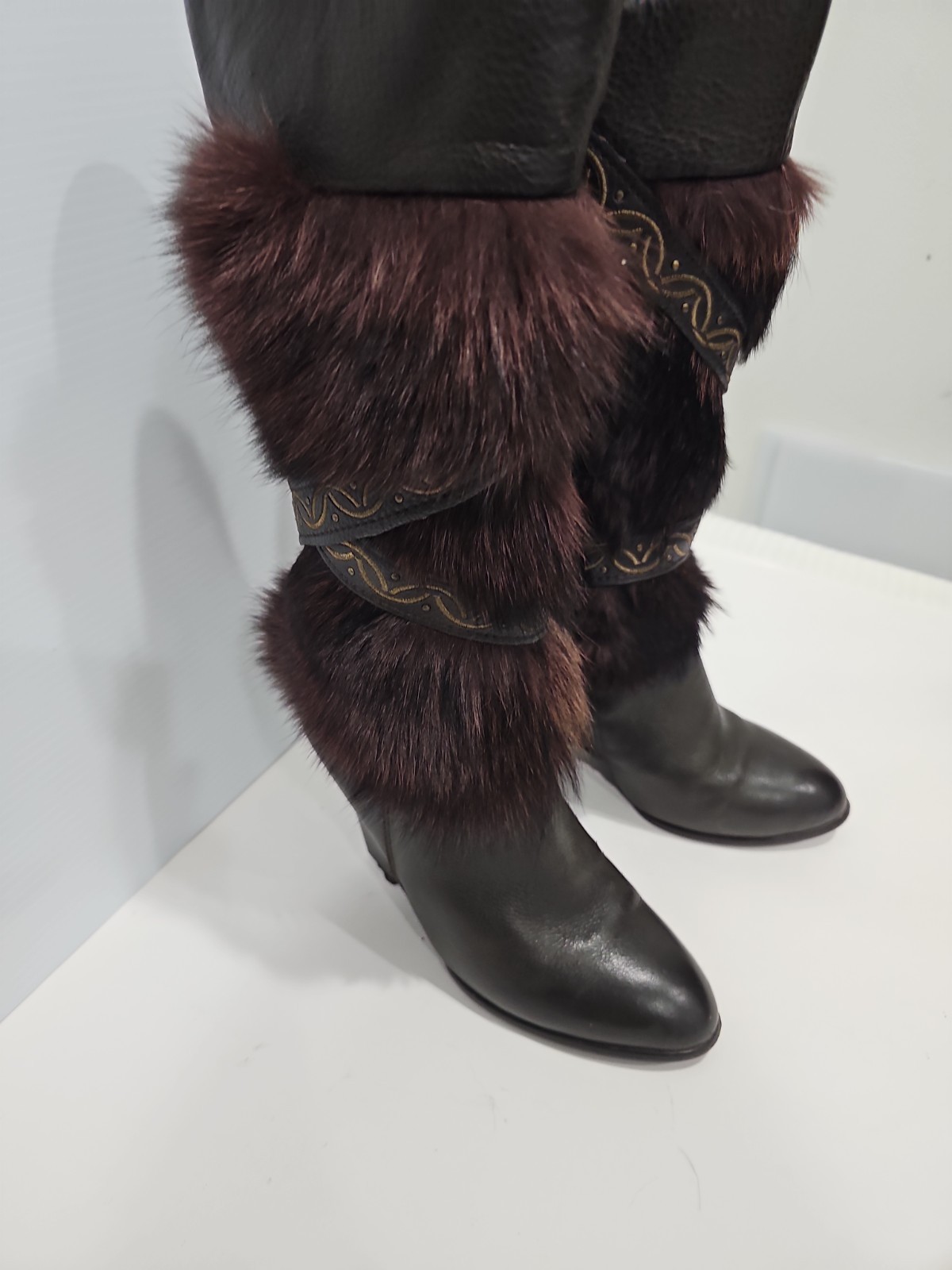 MALINO VICINI Leather & Fur Brown Boots Wedge EU 37 US 7