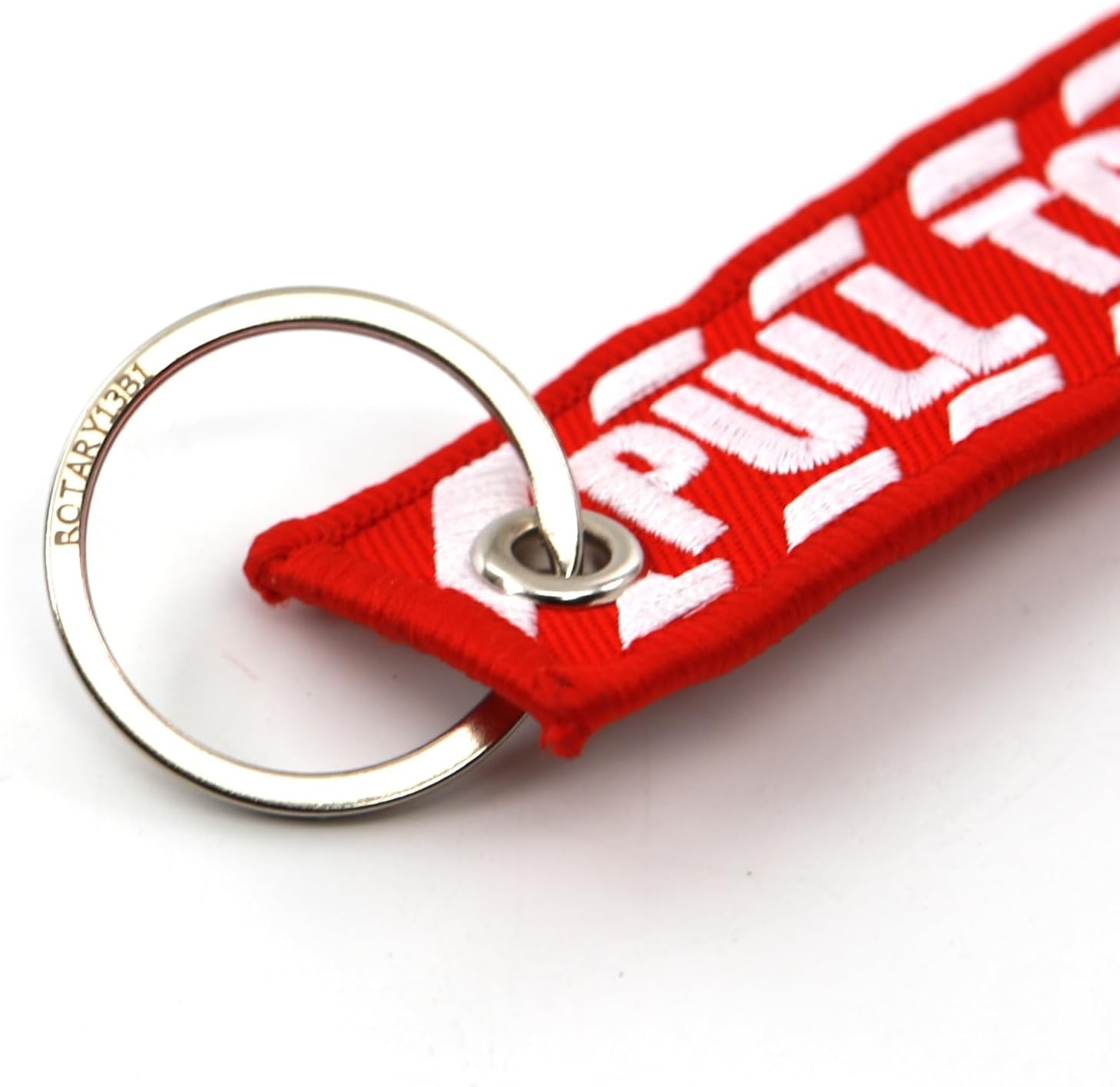 PULL TO EJECT Key Chain – Red with White embroidered letters – Quantity = 1
