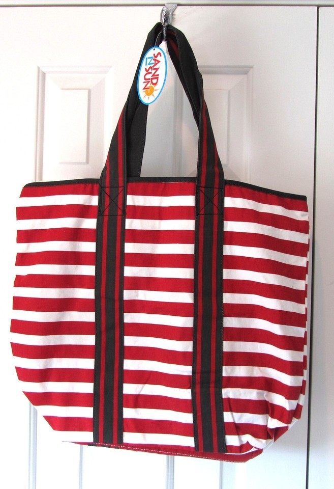 Vintage NOS SAND N SUN Cotton Canvas Striped Summer Beach Tote Bag Pouch NWT