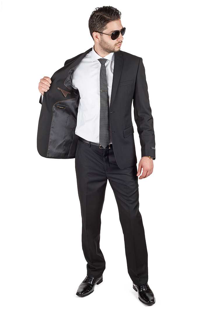 Solid Black Slim Fit Mens Suit 2 Button Notch Lapel Fitted Flat Front Pants AZAR
