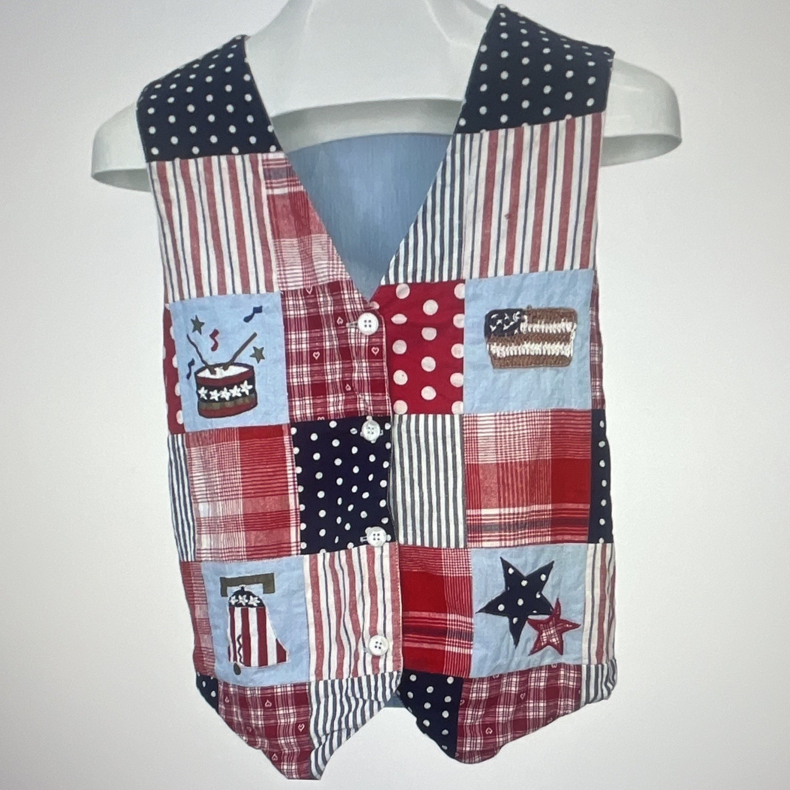 Patriotic Red White Blue Patchwork Button Front Sleeveless Vest Juniors M