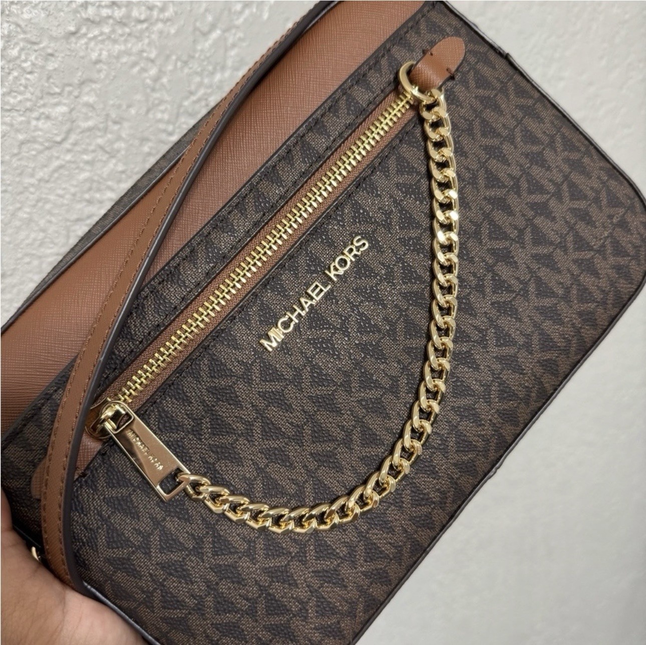 Michael Kors Brown Logo Small Crossbody Bag Gold Chain Zip, Detachable Strap