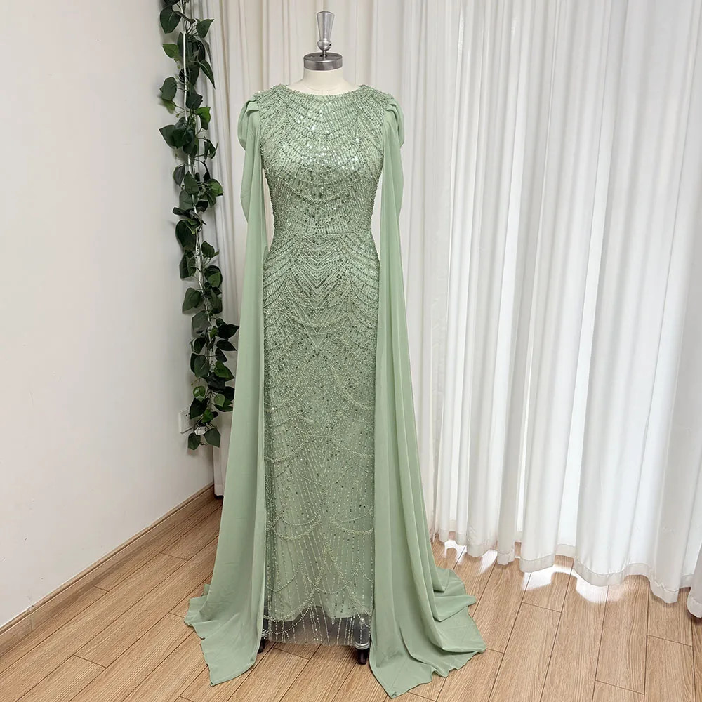Evening Gown with Chiffon Cape Sleeves Pearls Formal Prom Dress for Customized
