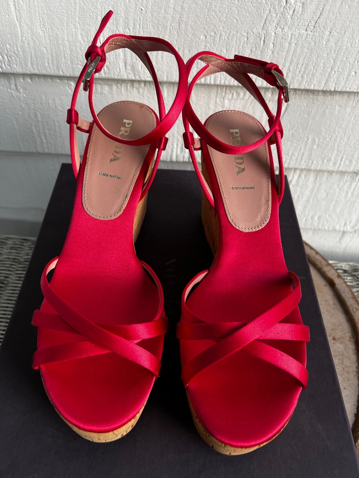 New PRADA Raso Cork Strappy Satin Platform Wedges Size 39.5 Cherry Ciliegia Red