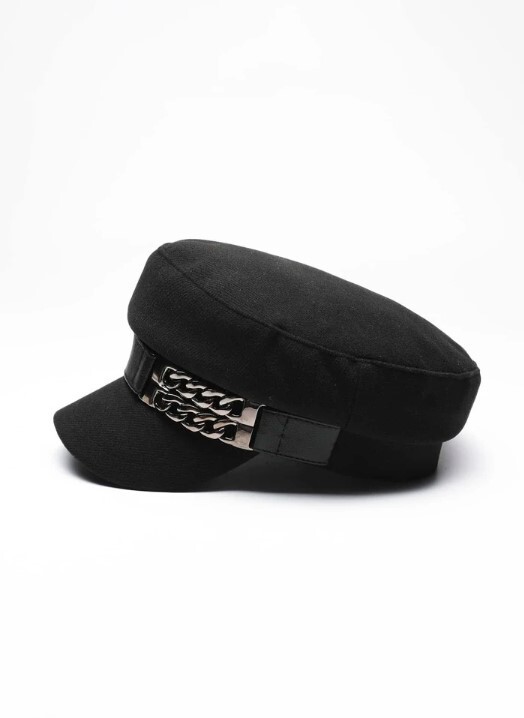 Black Women’s Beret Hat w/ Chain Decorated Peaked Cap Newspaper Hat Vintage