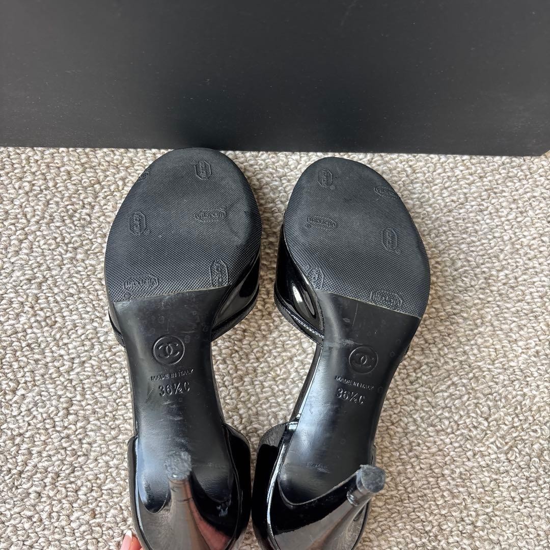 CHANEL Open Toe High Heels 36.5 Black Patent Leather 7.1-10cm Heel