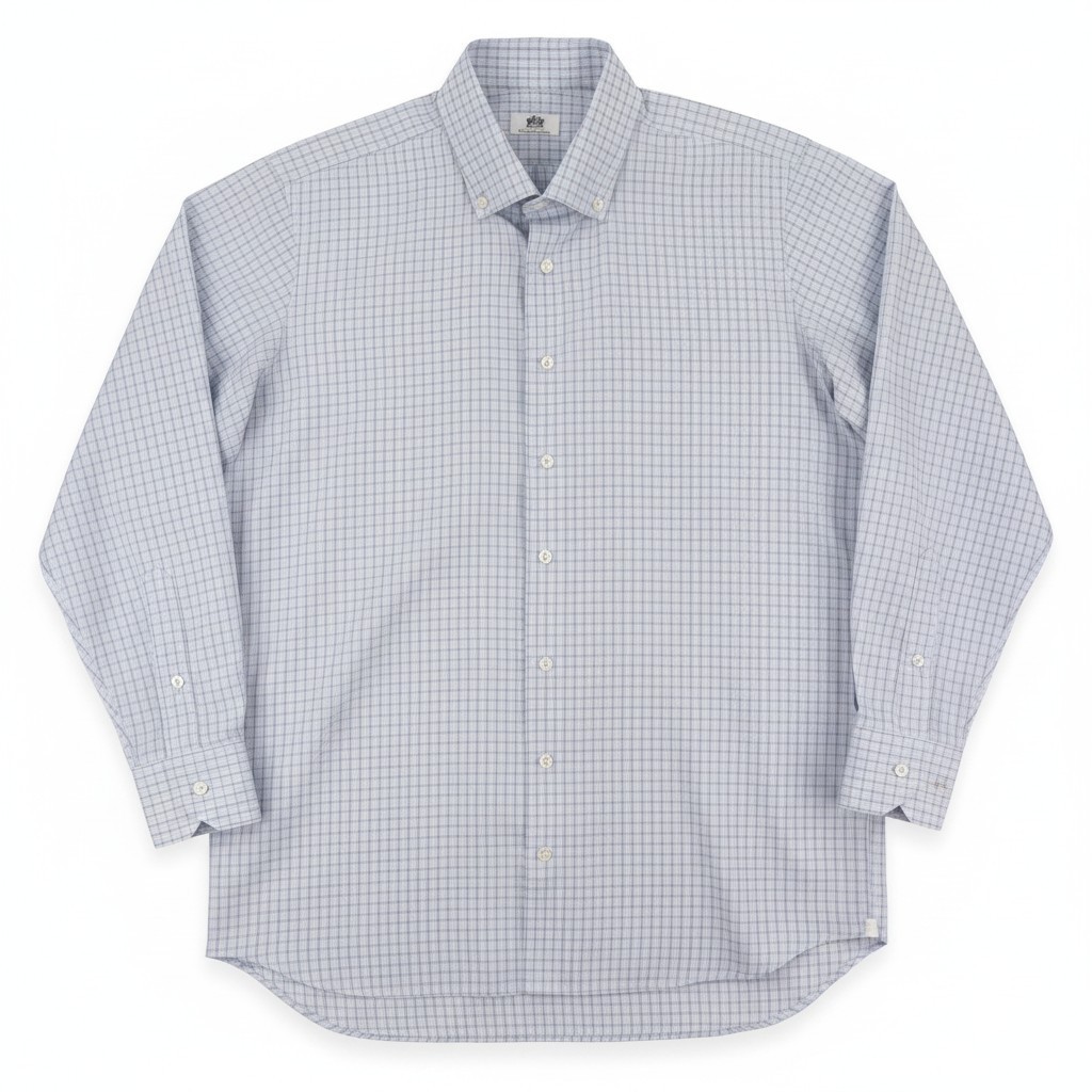 Oxxford Clothes Dress Shirt Mens 17×33 Blue Green Plaid Button Down USA