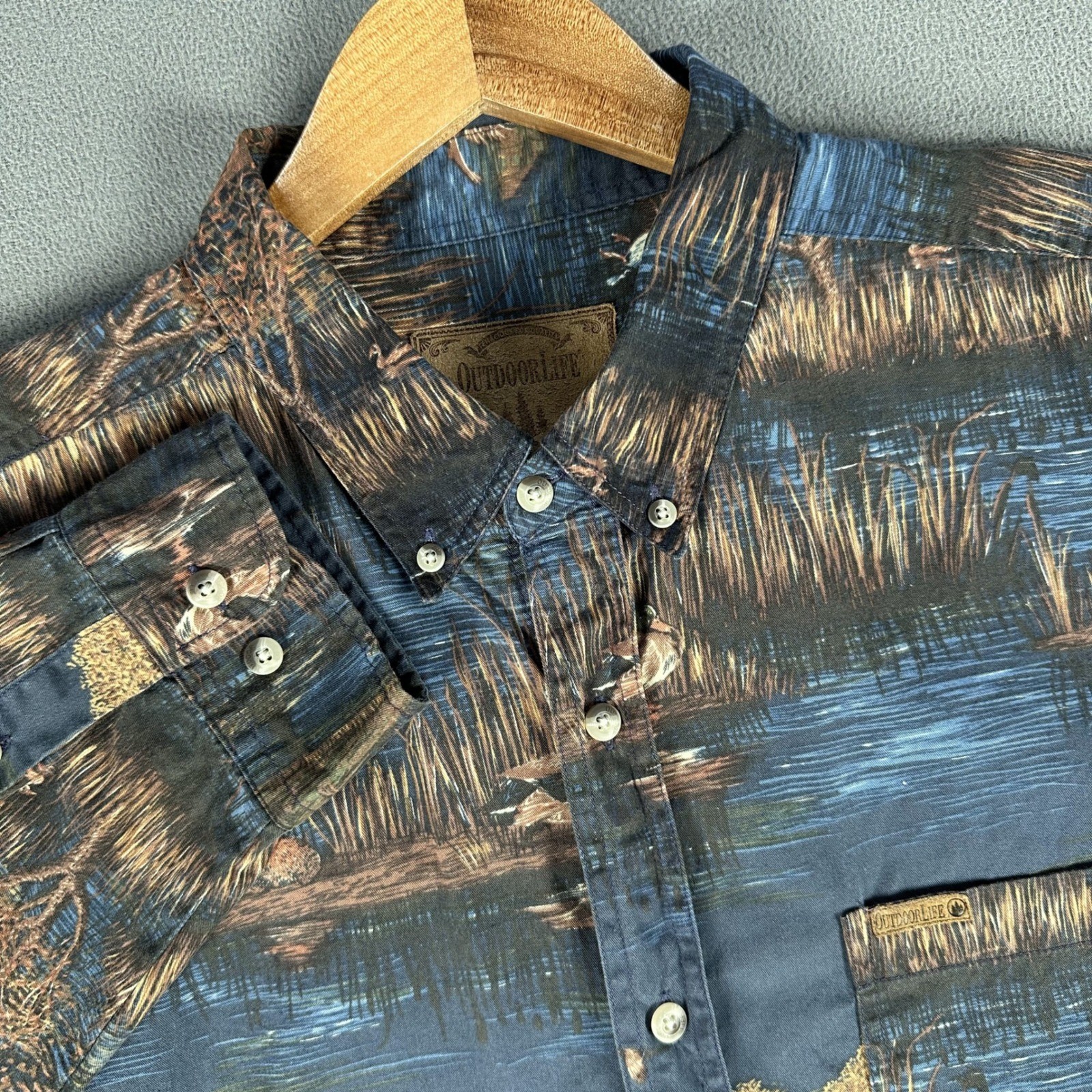 Outdoor Life Shirt XL Blue Duck Mallard Marsh Waterfowl Hunting All Over Nature