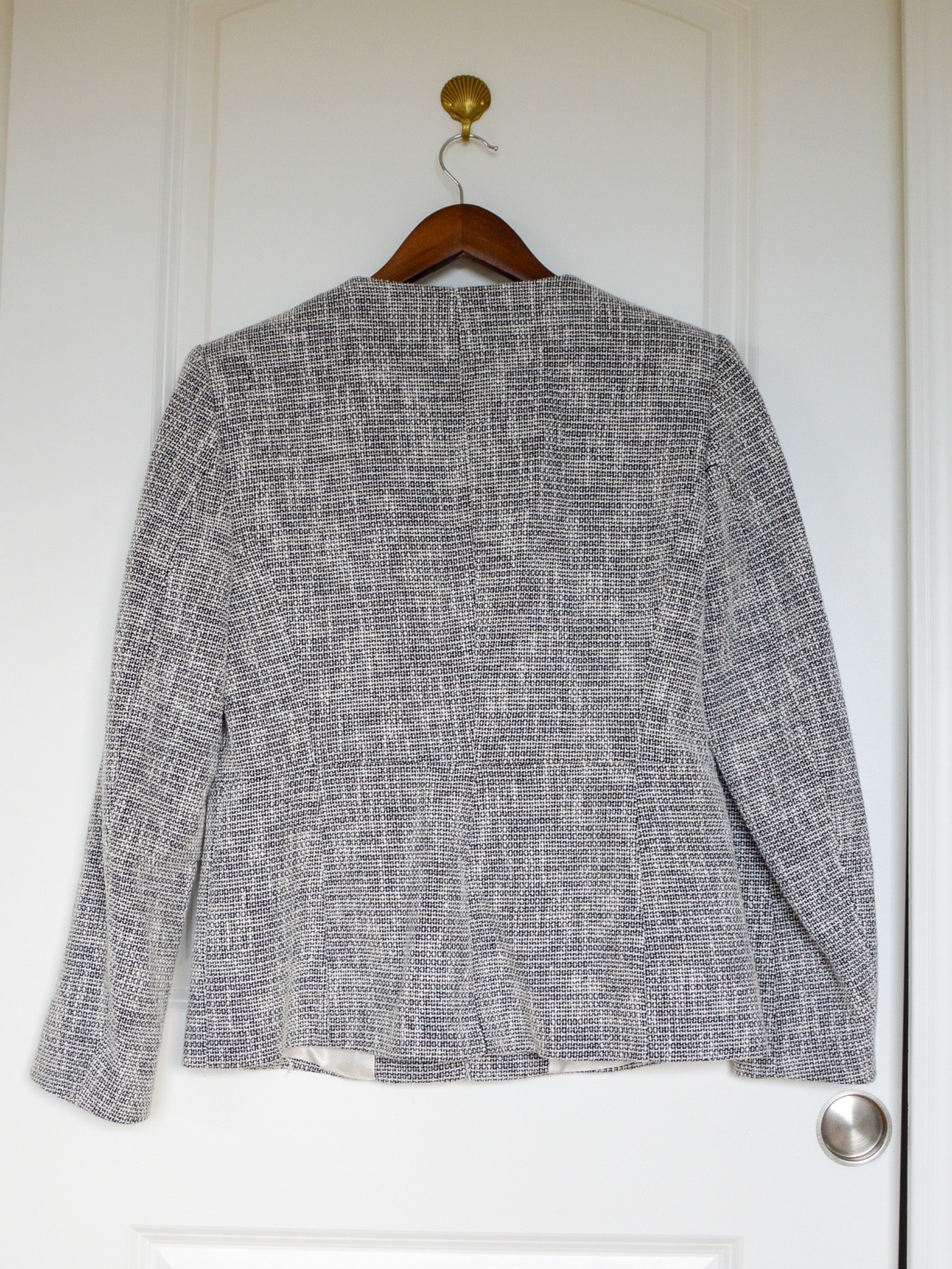Zara Tweed Collarless Jacket Black White Double Breasted Gold Buttons Size M