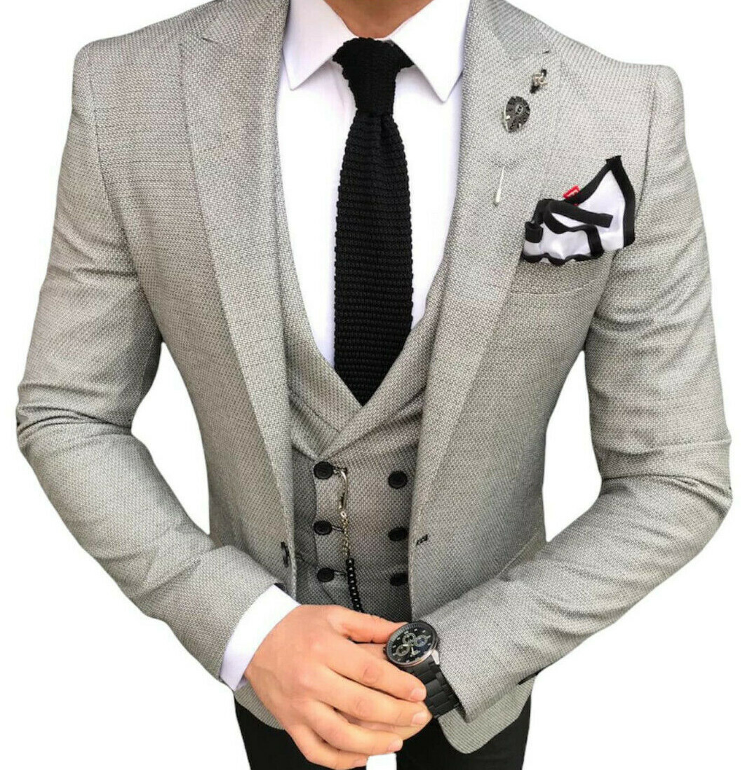 DESIGNER BUSINESS GREY CHECK MENS SUIT SPORT COAT TROUSERS WAISTCOAT FITTED SLIM FIT