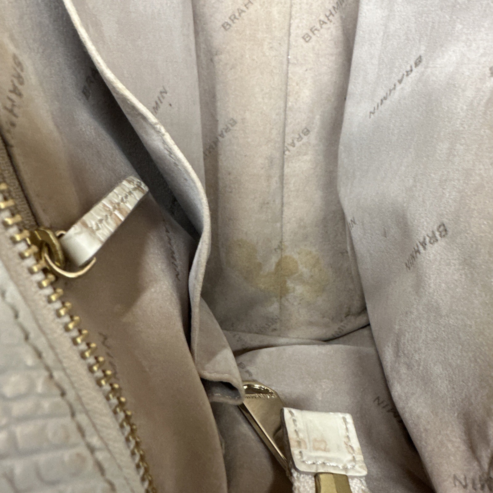 Brahmin Greta Satchel Bag With Crossbody Strap Cream Gold Croc Embossed