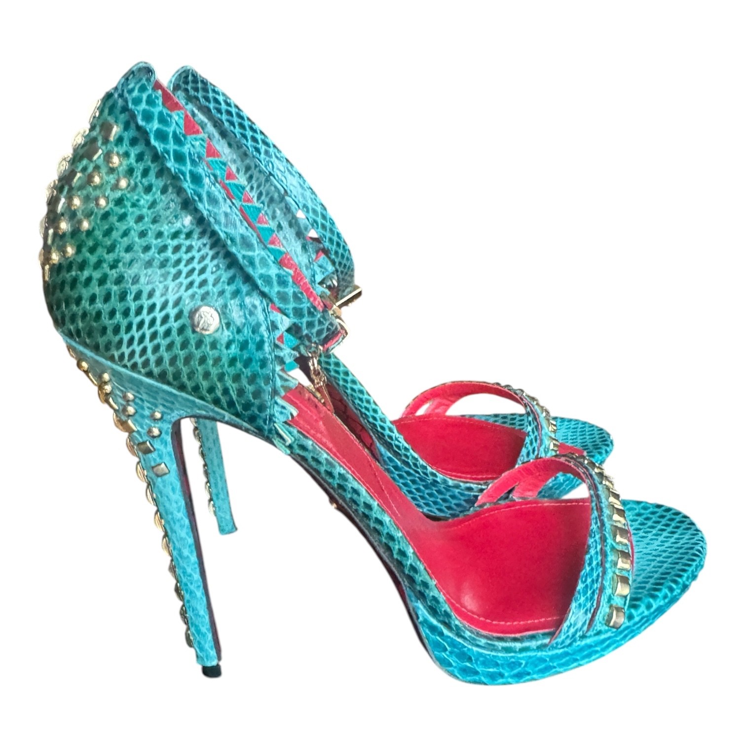 Cesare Paciotti Italian Teal Python Studded Platform Stiletto Heels Dagger Sole