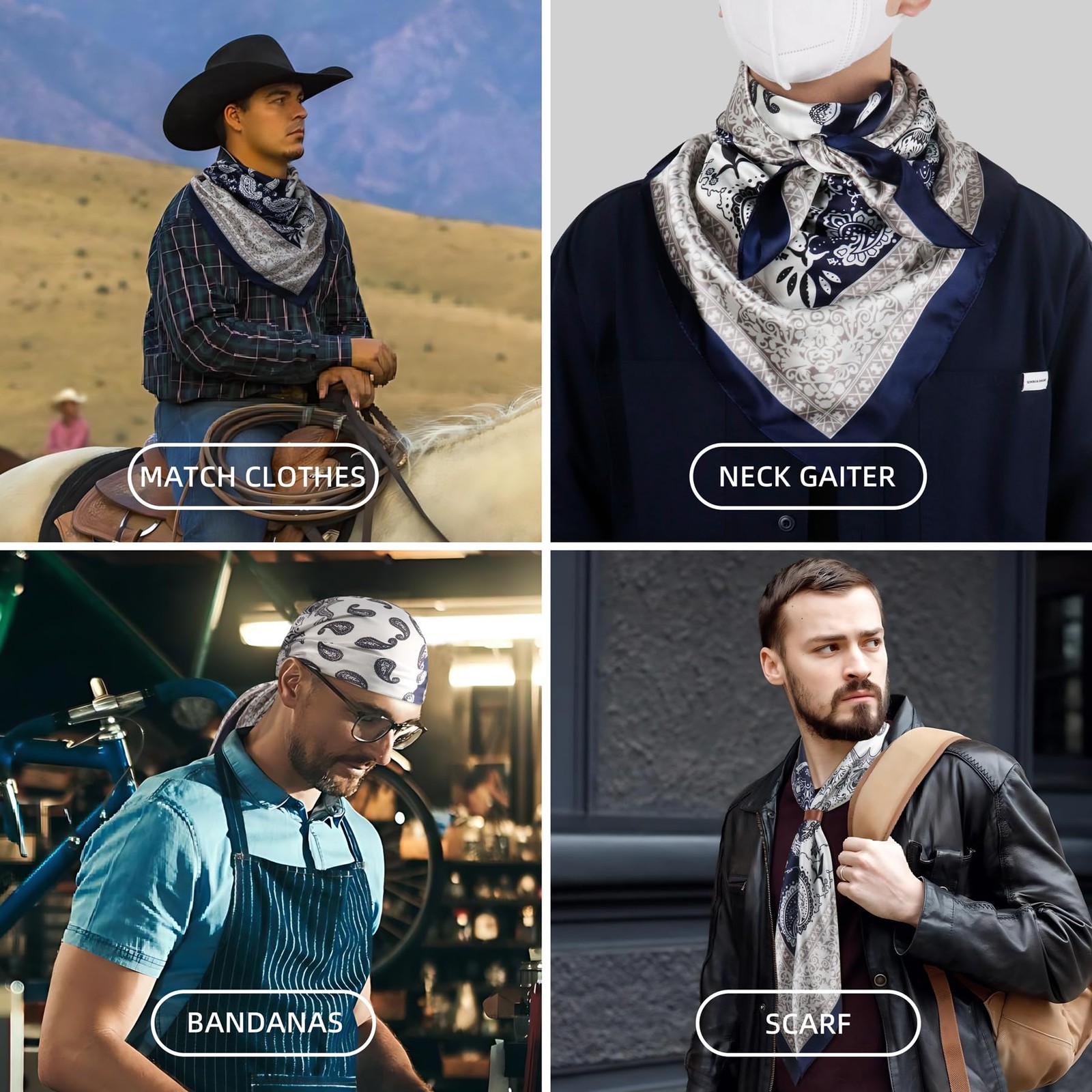 35 Inch Wild Rag Cowboy Bandana Scarves for Men, Large Neckerchief Silk Feel …