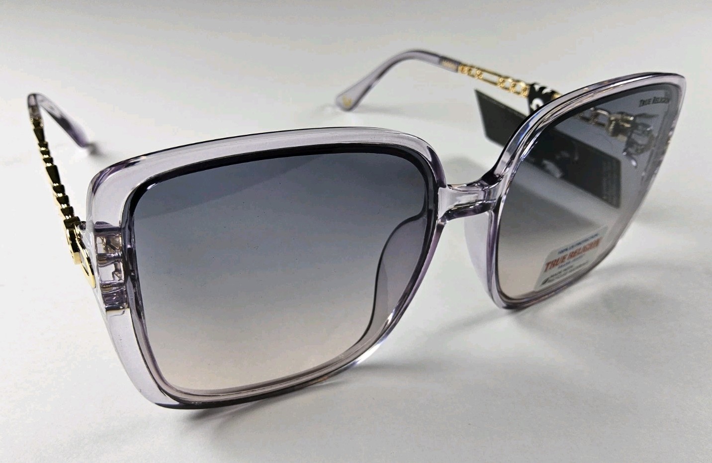 True Religion 100% UV Protection Oversized Square Purple Gold Logo Sunglasses