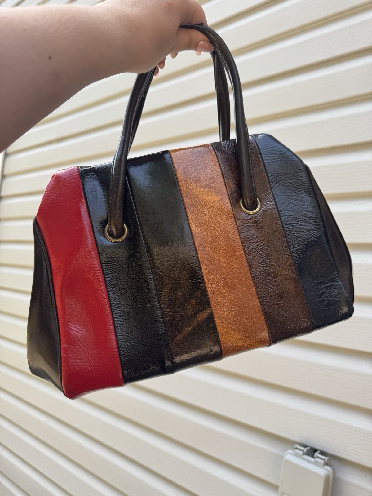 Retro Colorblock Frame Satchel Top Handle Bag Kiss Lock Zip Lined Pockets