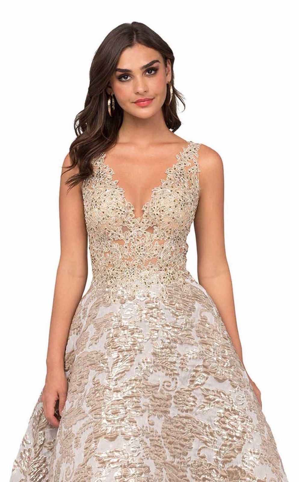 Cecilia Couture Champagne Gold Brocade Ball Gown Beaded Formal Dress 12