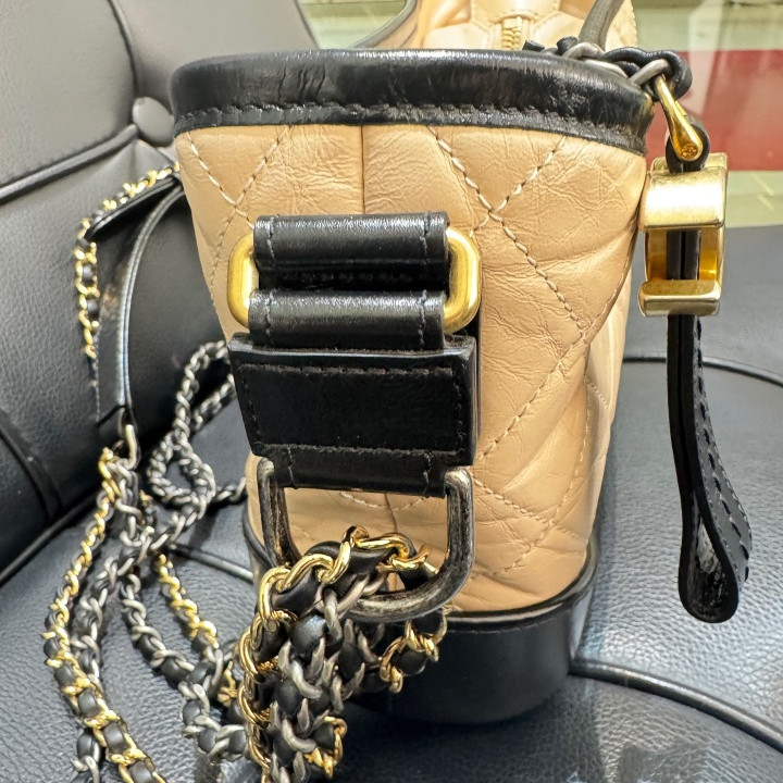 Chanel Gabrielle Beige Quilted Leather Silver Gold Chain Shoulder Bag